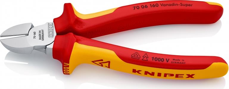 Клещи диагонални резачки, хромирани, VDE 1000V жълто-червена ръкохватка 160мм, Knipex
