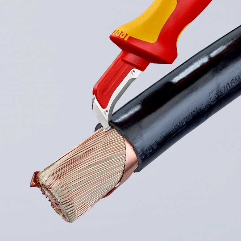 Кабелен нож извит с предпазител, VDE 1000V жълто-червена ръкохватка 180мм, Knipex