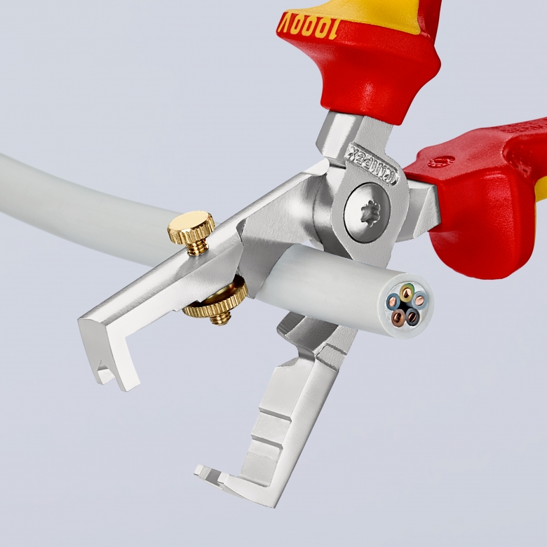 Клещи заголващи и кабелни ножици StriX, хромирани, жило Ø50мм, VDE 1000V жълто-червена ръкохватка 180мм, Knipex