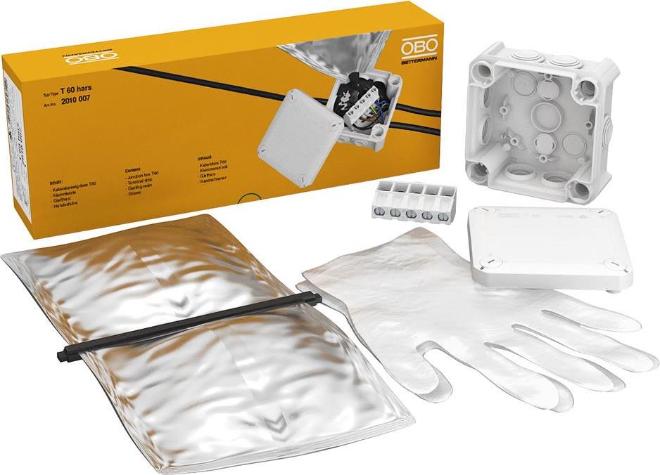 Разклонителна кутия T60 114x114x57мм IP68, с уплътнения, клема 5x1.5-6мм2, уплътнителна смола и ръкавици OBO