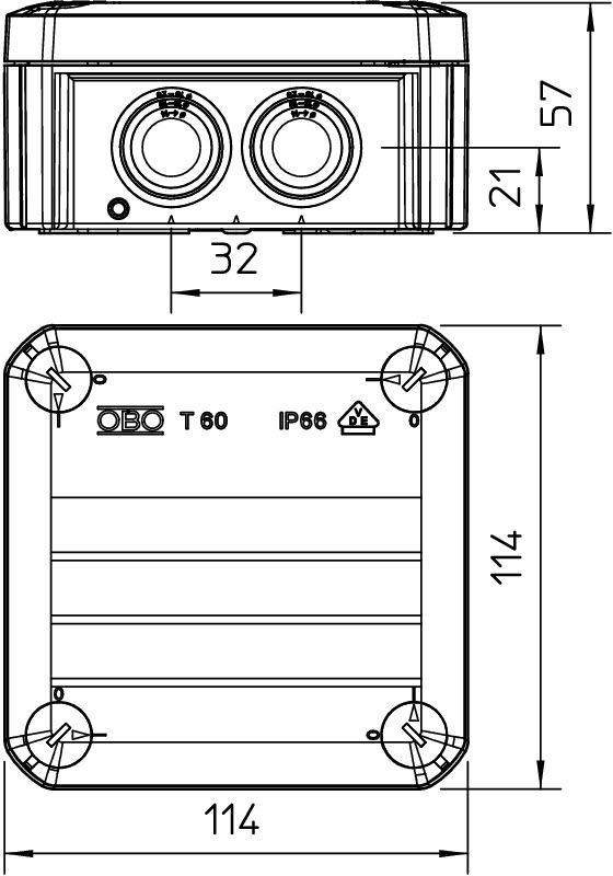 Разклонителна кутия T60 114x114x57мм IP68, с уплътнения, клема 5x1.5-6мм2, уплътнителна смола и ръкавици OBO
