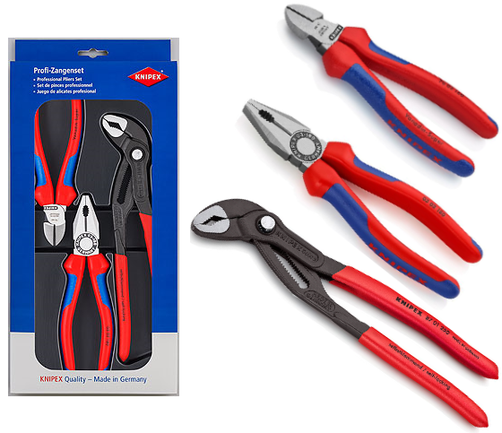 Комплект с 3 бр. клещи - комбинирани 180мм (K0302180), резачки 160мм (K7002160), Cobra 250мм (K8701250), Knipex