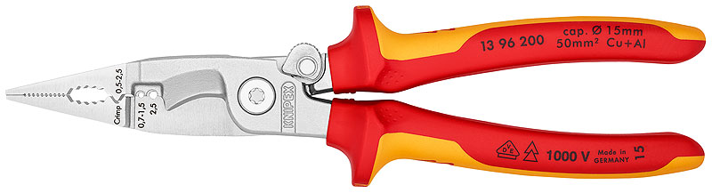 Клещи инсталаторски, хромирани, VDE 1000V жълто-червена ръкохватка 200мм, с фиксатор, Knipex