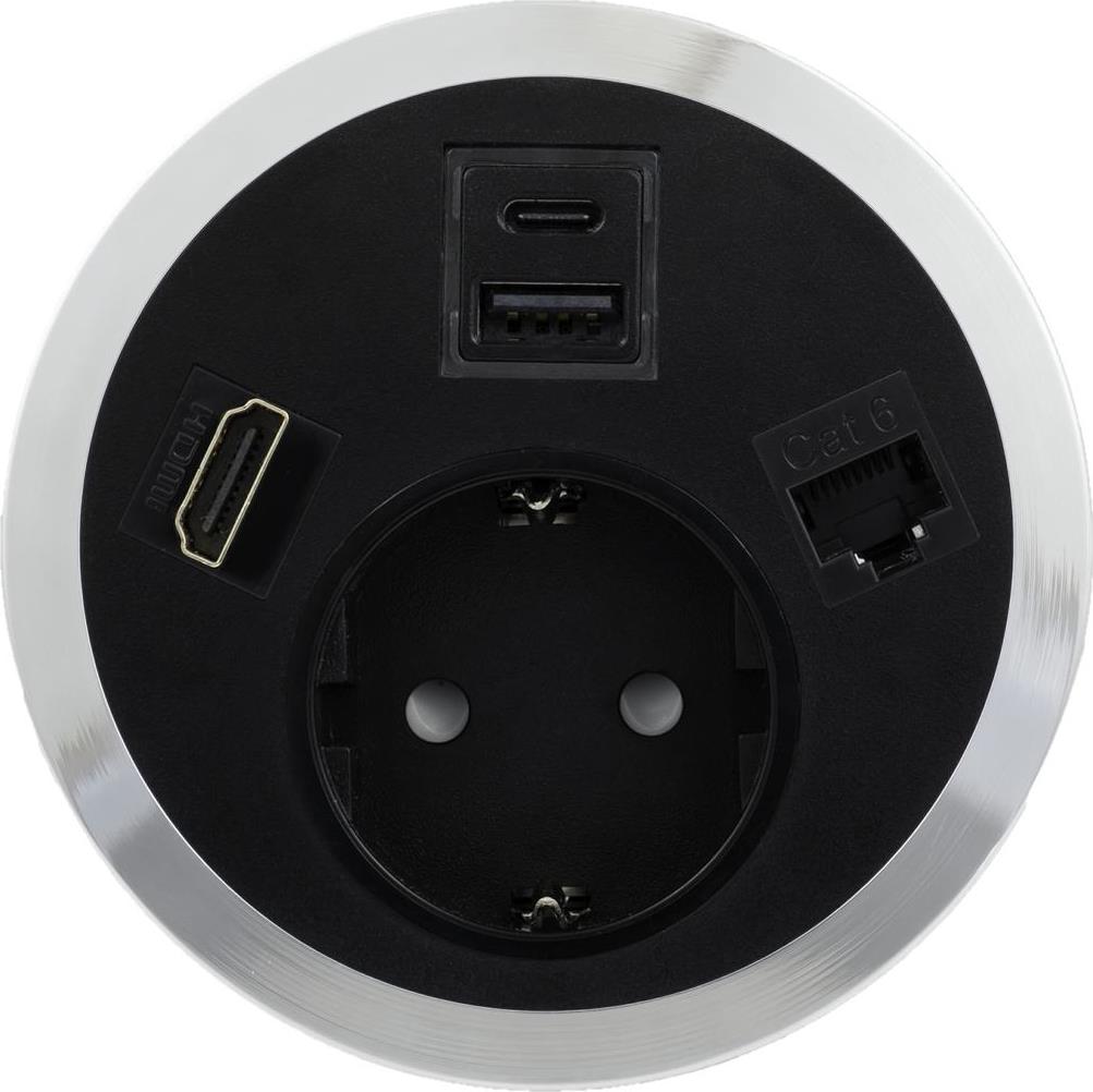Модул Port El с 1х Шуко, USB тип A+C, RJ45 Cat.6A и HDMI, цвят Черен, ABL