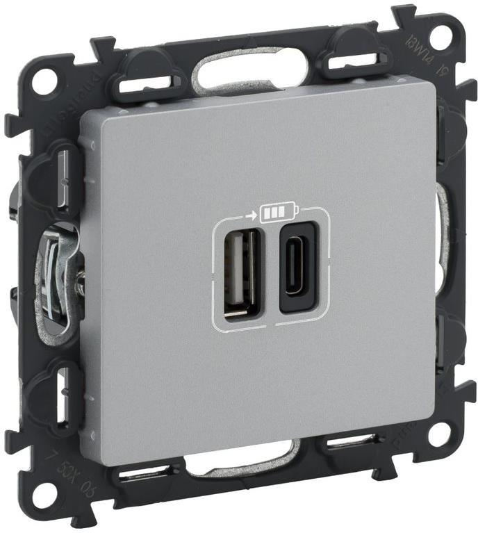 Розетка 2хUSB за зареждане тип A+C 3A 15W цвят Aлуминий Valena Life Legrand
