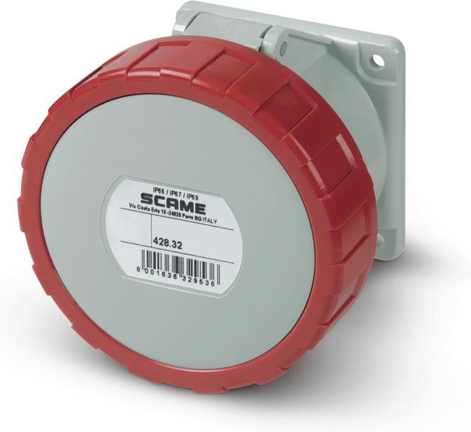 Промишлен контакт 3P+Е 32A IP67/69 ПРАВ серия Optima панелен монтаж 75х75мм Scame