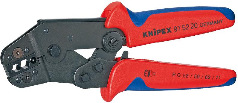 Клещи за кримпване на BNC конектори RG59, закалени, синьо-червена ръкохватка 195мм, с пружина, Knipex
