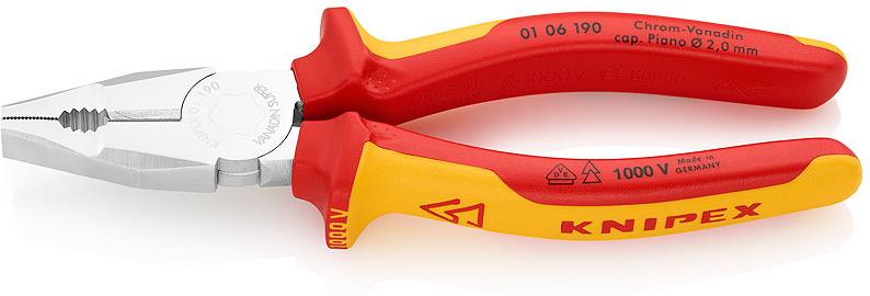 Комбинирани клещи, хром-ванадиева стомана, VDE 1000V жълто-червена ръкохватка 190мм, Knipex