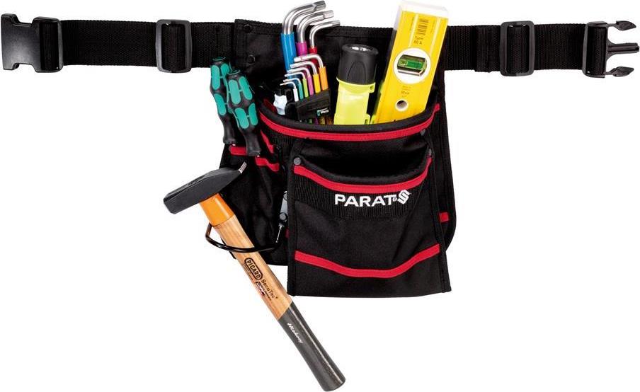 Чанта за колан PARABELT M с 9 джоба за инструменти и колан черна с червен кант PARAT