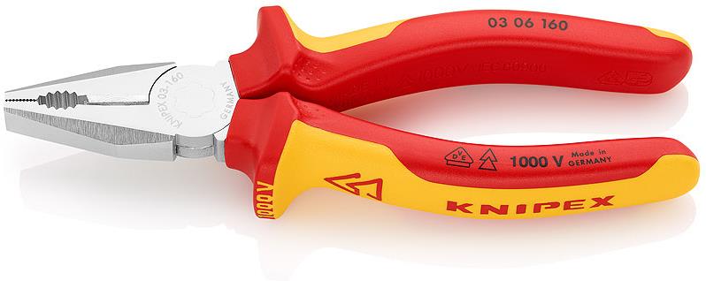 Комбинирани клещи, хромирани, VDE 1000V жълто-червена ръкохватка 160мм, Knipex