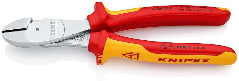 Клещи диагонални резачки усилени, хромирани, VDE 1000V жълто-червена ръкохватка 200мм, Knipex
