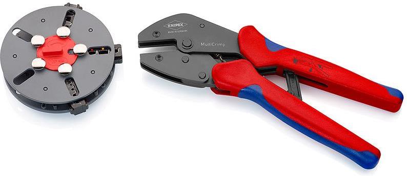 Клещи за кримпване на кабелни накрайници 0.5-6мм2 MultiCrimp, 3 челюсти, синьо-червена ръкохватка 250мм, с пружина, Knipex