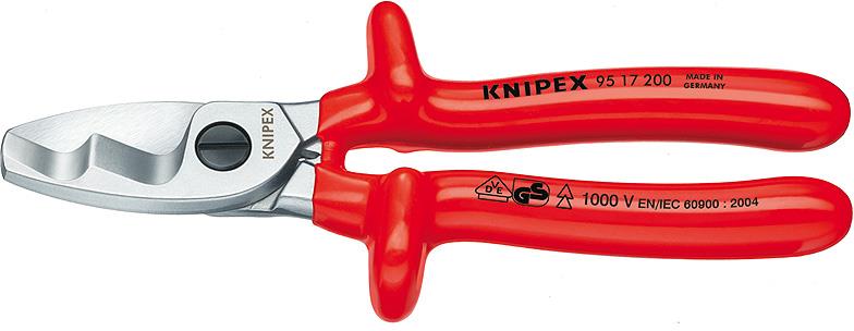 Ножици за рязане на кабел до 70мм2, хромирани, VDE 1000V гумирана червена ръкохватка 200мм, Knipex