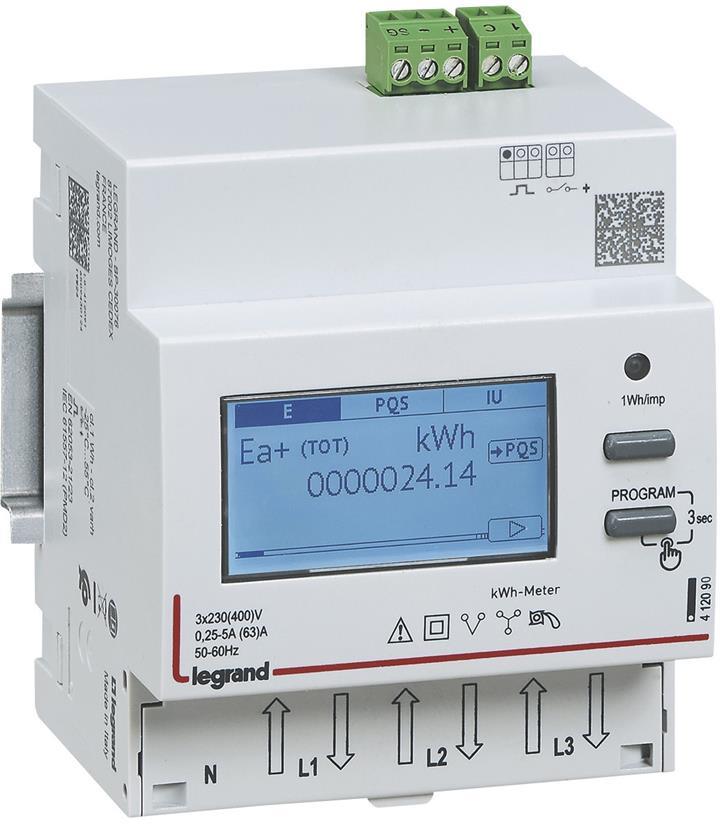 Трифазен електромер за ДИРЕКТНО мерене на ел. енергия EMDX3, Modbus, 2 тарифи, за DIN монтаж 4 мод, 63A, MID Legrand