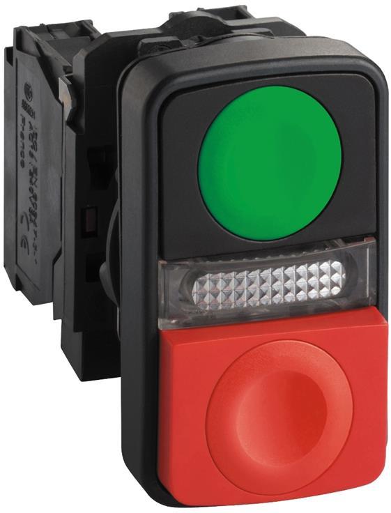 Бутон сглобен пуск/стоп - зелен | червен 1NO-1NC светещ 230...240Vac Ø22mm XB5 SE