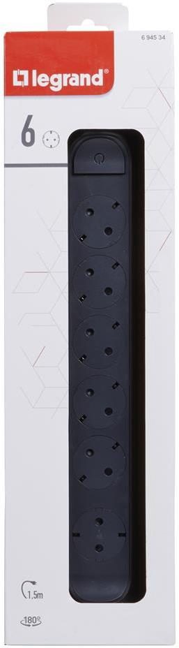 Разклонител ЧЕРЕН 6x2P+E с кабел 1.5 метра / 3x1.5мм2 Premium NEW Legrand
