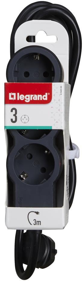 Разклонител ЧЕРЕН 3x2P+E с кабел 3 метра / 3x1.5мм2 Standard NEW Legrand