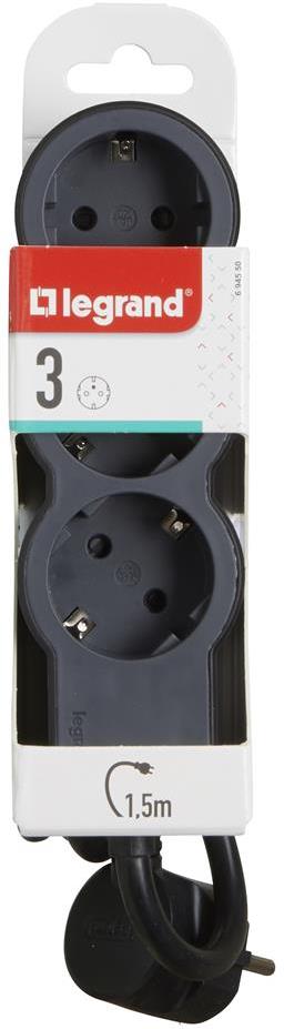 Разклонител ЧЕРЕН 3x2P+E с кабел 1.5 метра / 3x1.5мм2 Standard NEW Legrand