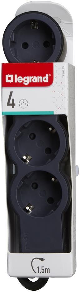 Разклонител ЧЕРЕН 4x2P+E с кабел 1.5 метра / 3x1.5мм2 Standard NEW Legrand