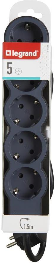 Разклонител ЧЕРЕН 5x2P+E с кабел 1.5 метра / 3x1.5мм2 Standard NEW Legrand