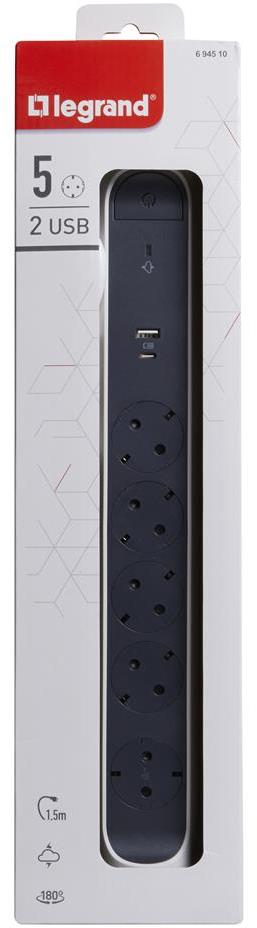 Разклонител БЯЛ 5x2P+E с кабел 1.5 метра с гръмозащита и USB A+C 3A 15W Premium NEW Legrand