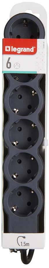 Разклонител ЧЕРЕН 6x2P+E с кабел 1.5 метра / 3x1.5мм2 Standard NEW Legrand