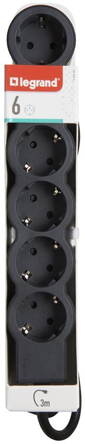 Разклонител ЧЕРЕН 6x2P+E с кабел 3 метра / 3x1.5мм2 Standard NEW Legrand