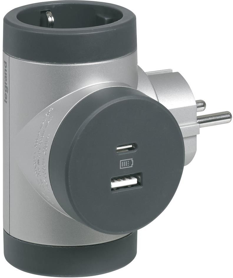 Адаптер за контакт 2х Шуко Т-образен въртящ с USB A+C алуминий NEW Legrand