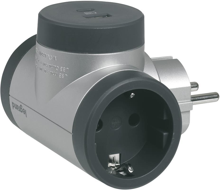 Адаптер за контакт 2х Шуко Т-образен въртящ с USB A+C алуминий NEW Legrand