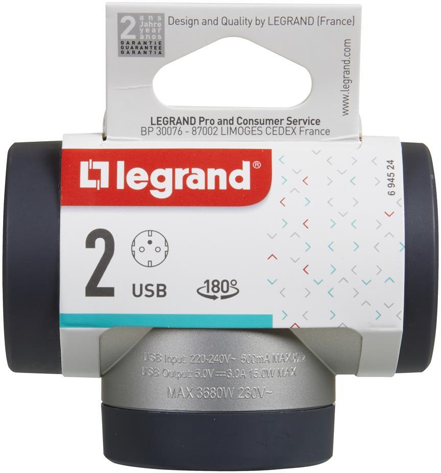 Адаптер за контакт 2х Шуко Т-образен въртящ с USB A+C алуминий NEW Legrand