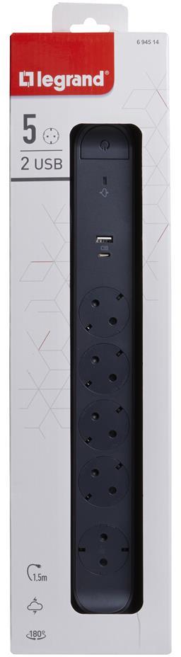 Разклонител ЧЕРЕН 5x2P+E с кабел 1.5 метра с гръмозащита и USB A+C 3A 15W Premium NEW Legrand