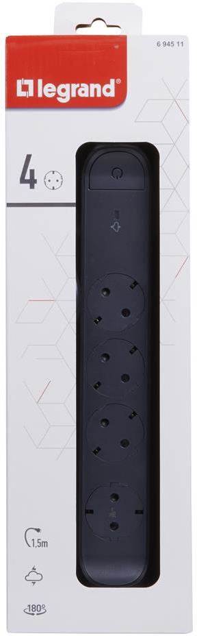 Разклонител ЧЕРЕН 4x2P+E с кабел 1.5 метра с гръмозащита Premium NEW Legrand