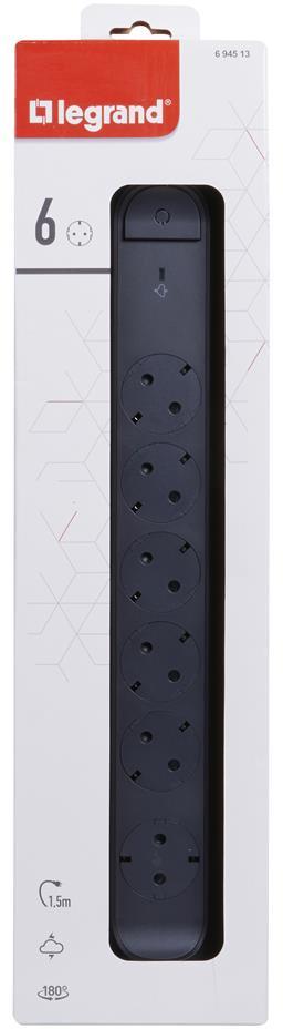 Разклонител ЧЕРЕН 6x2P+E с кабел 1.5 метра с гръмозащита Premium NEW Legrand