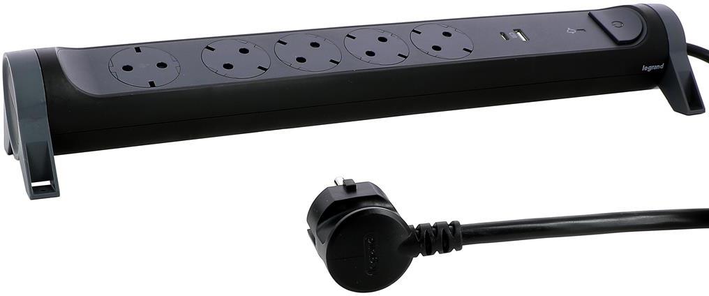 Разклонител ЧЕРЕН 5x2P+E с кабел 1.5 метра с гръмозащита и USB A+C 3A 15W Premium NEW Legrand