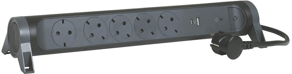 Разклонител ЧЕРЕН 5x2P+E с кабел 1.5 метра с гръмозащита и USB A+C 3A 15W Premium NEW Legrand