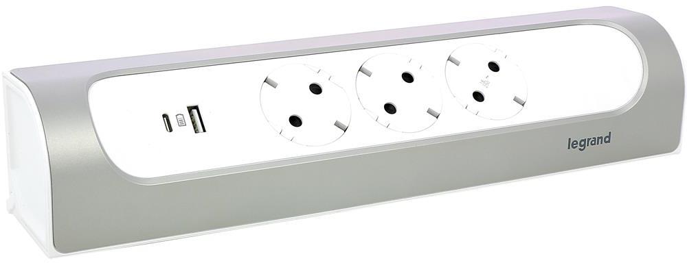 Разклонител ъглов сив 3x2P+E без кабел с USB A+C 3A 15W Corner NEW Legrand
