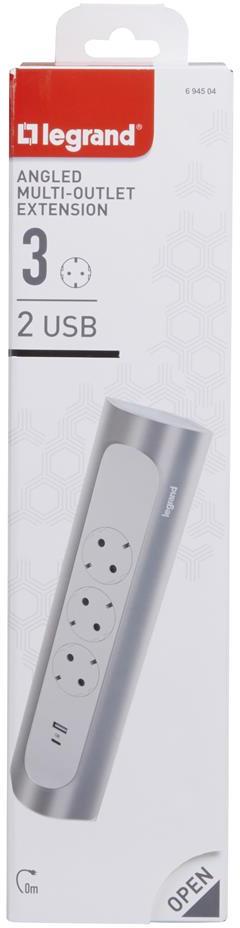 Разклонител ъглов сив 3x2P+E без кабел с USB A+C 3A 15W Corner NEW Legrand