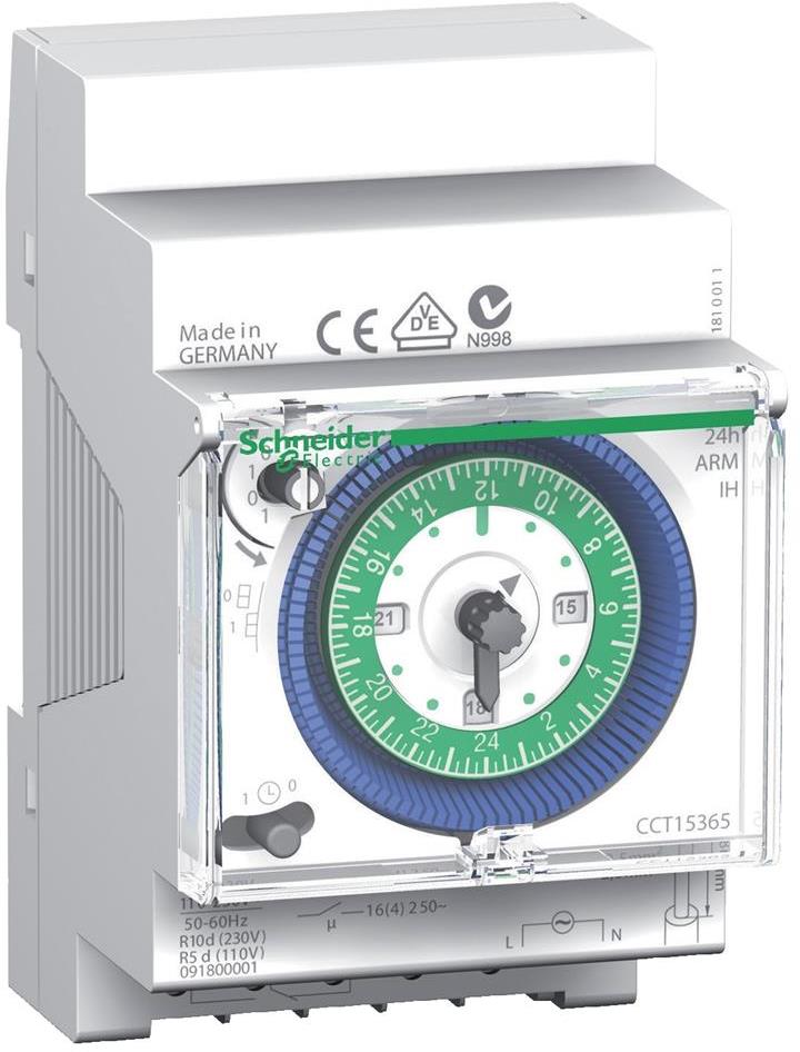 DIN Таймер Дневен, Acti 9 IH, 15 минути минимален интервал, с резерв 200 часа, 16A 3 модула SE