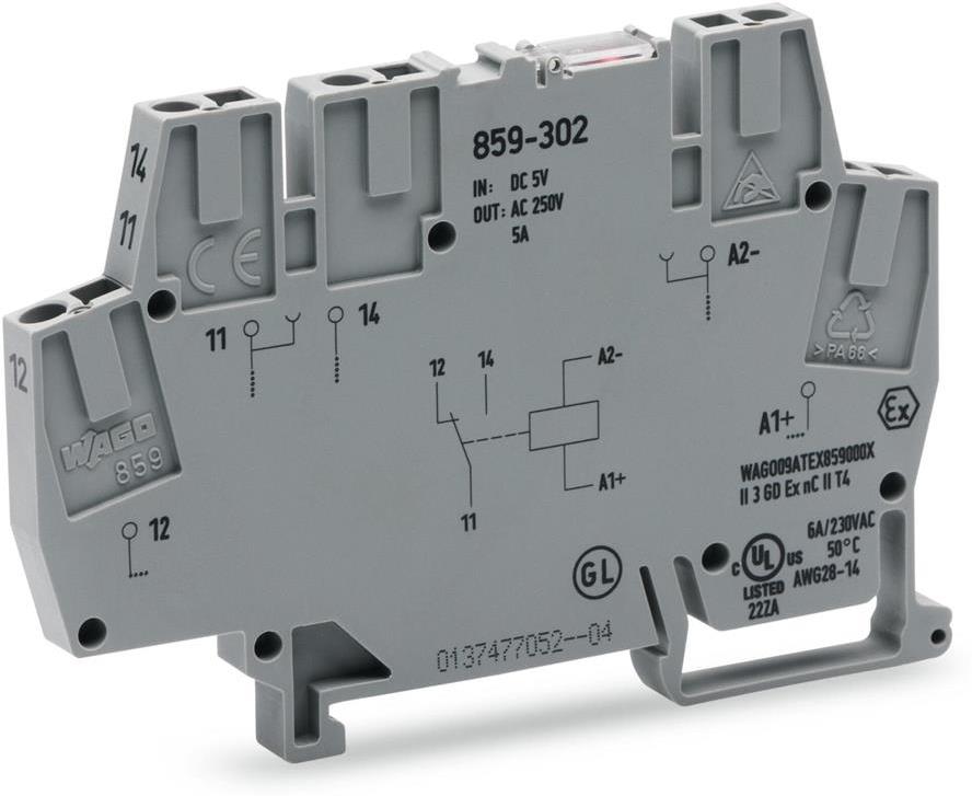 Релеен модул 24 VDC, 5A, червен индикатор, 1 превключващ контакт, 6мм, монтаж на DIN шина Wago