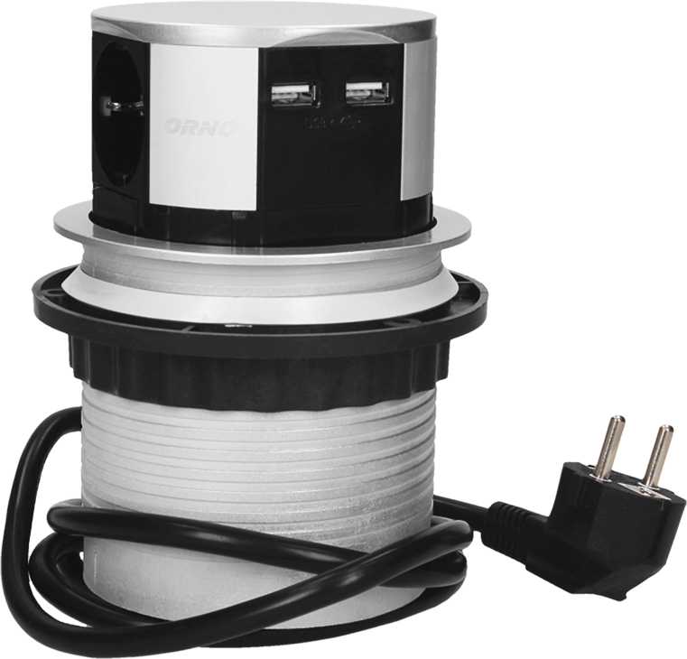 Мебелна колона Pop-Up, с контакти 3х шуко, 2х USB тип A, кабел 1.5m, Ø100mm, цвят АЛУМИНИЙ, ORNO