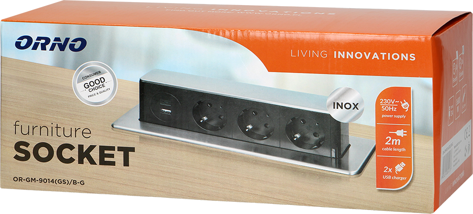 Мебелна кутия Pop-Up, с контакти 3х шуко, 2х USB тип A+C, кабел 2m, 273x65x93mm, цвят ИНОКС, ORNO