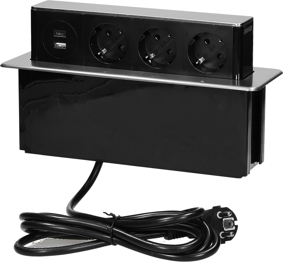 Мебелна кутия Pop-Up, с контакти 3х шуко, 2х USB тип A+C, кабел 2m, 273x65x93mm, цвят ИНОКС, ORNO