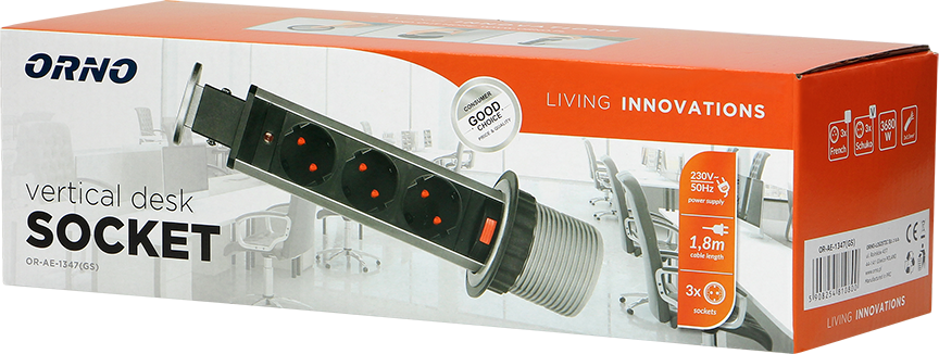 Мебелна колона Pop-Up, с контакти 3х шуко, кабел 1.8m, Ø60mm, цвят АЛУМИНИЙ, ORNO