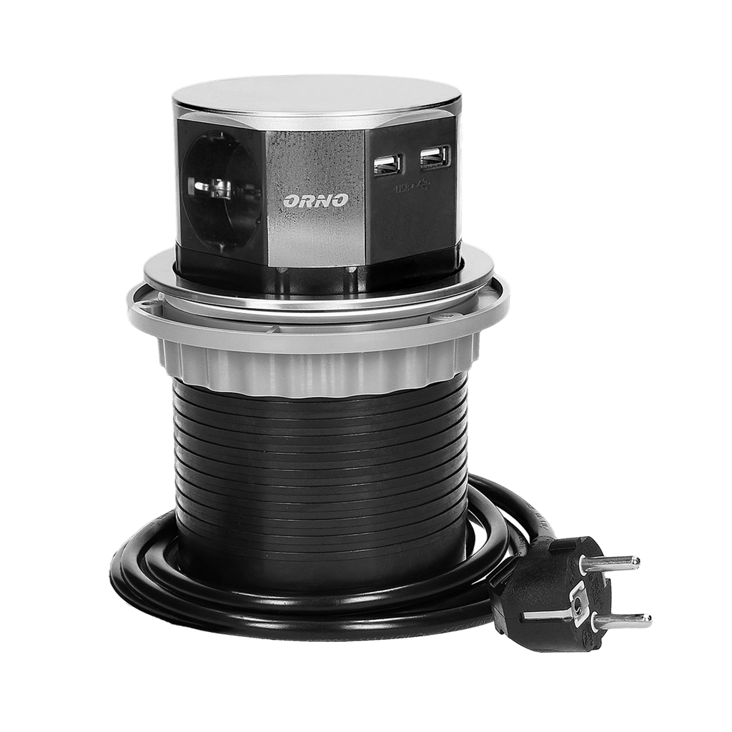 Мебелна колона Pop-Up, с контакти 3х шуко, 2х USB тип A, кабел 1.5m, Ø100mm, цвят ИНОКС, ORNO