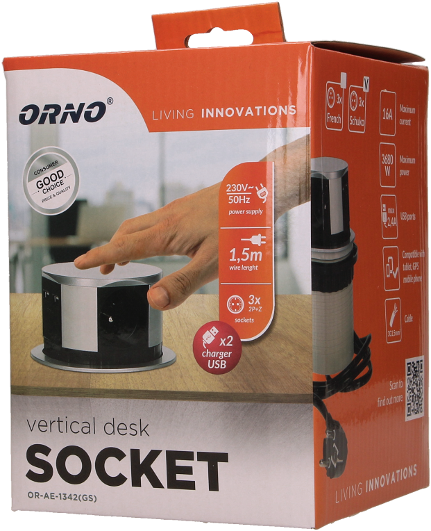 Мебелна колона Pop-Up, с контакти 3х шуко, 2х USB тип A, кабел 1.5m, Ø100mm, цвят АЛУМИНИЙ, ORNO