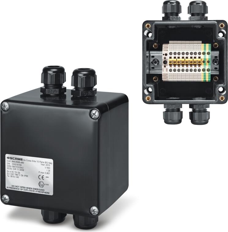 Кутия взривозащитена EX 122х120х90мм IP66, с 3х щуцера М20, 8xWDU 4,0mm², серия Zenith-P ЕX Scame