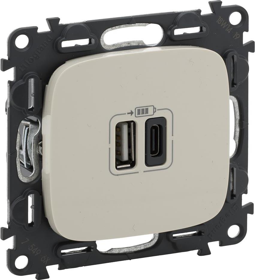 Розетка 2хUSB за зареждане тип A+C 3A 15W цвят Крем Valena Allure (комплект с механизъм) Legrand