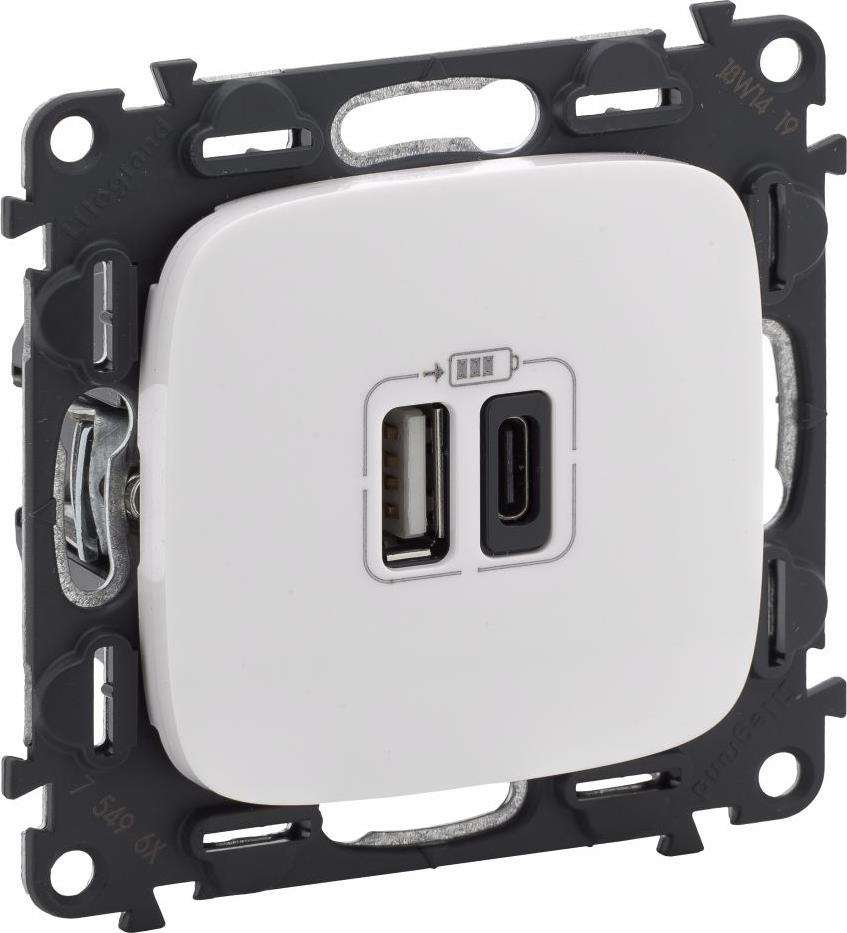 Розетка 2хUSB за зареждане тип A+C 3A 15W цвят Бял Valena Allure (комплект с механизъм) Legrand