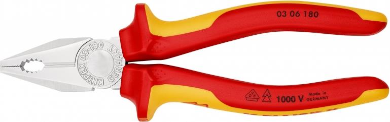 Комбинирани клещи, хромирани, VDE 1000V жълто-червена ръкохватка 180мм, Knipex