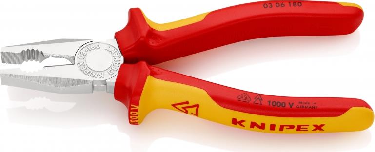 Комбинирани клещи, хромирани, VDE 1000V жълто-червена ръкохватка 180мм, Knipex